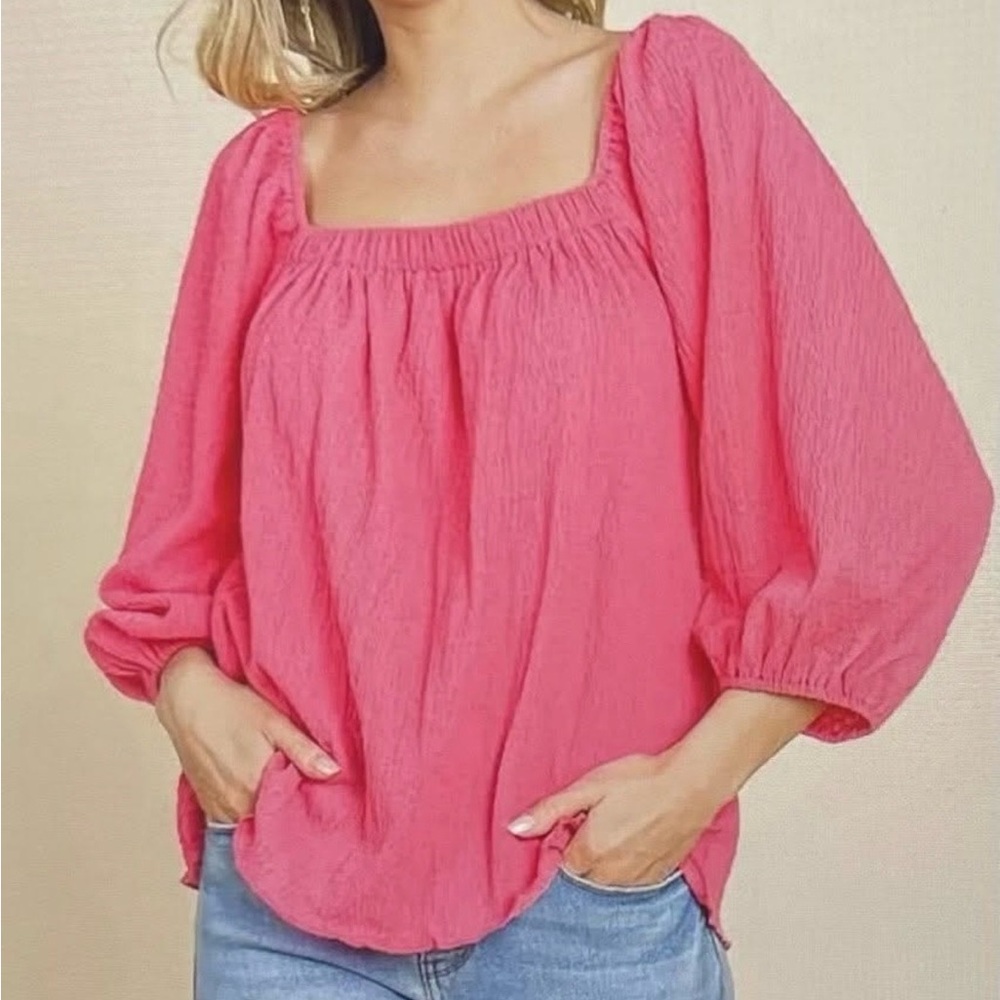 Women's Square Neck Puff Sleeve Top - Pink